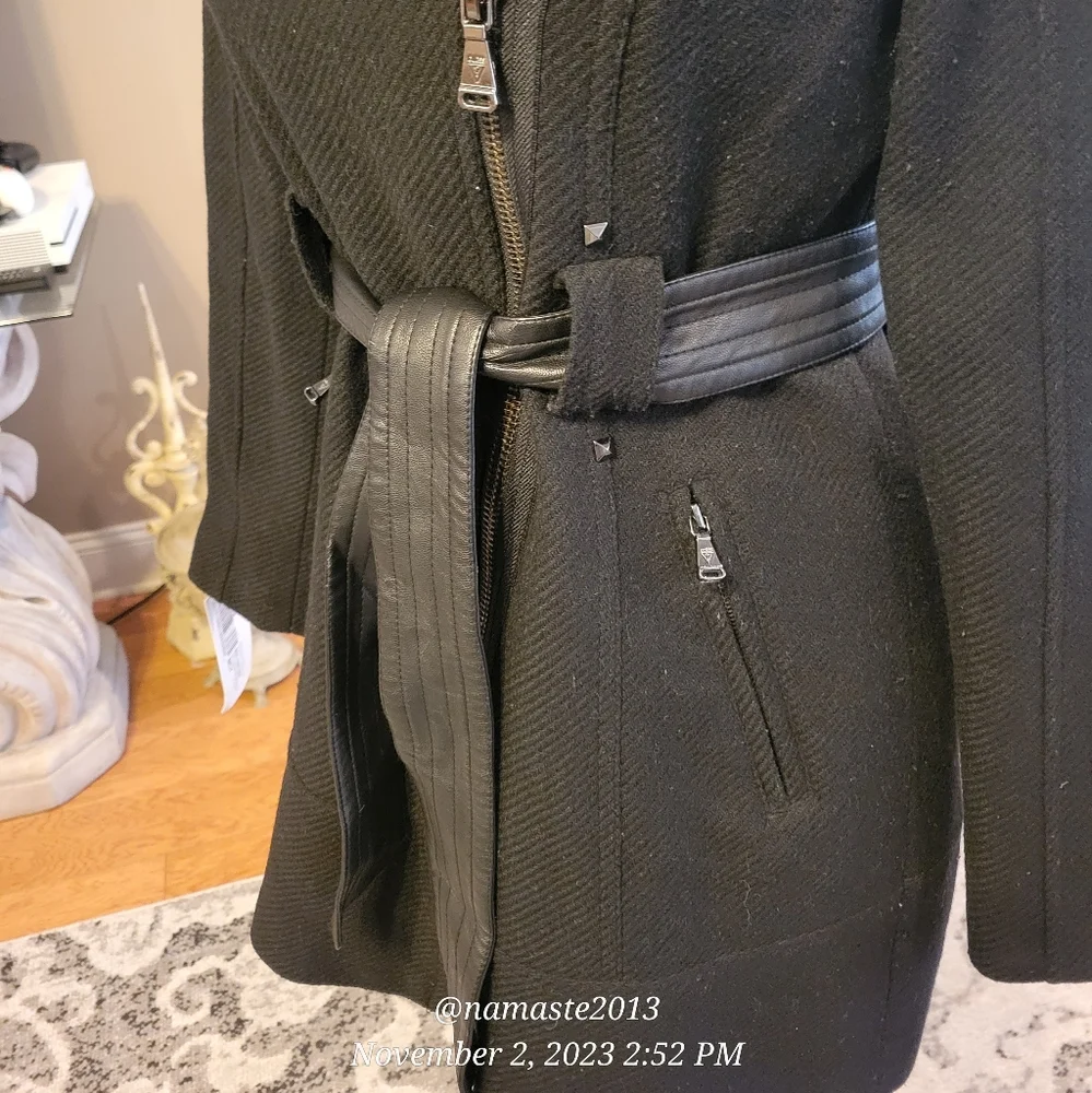 Guess Wool Blend Pea Coat Faux Fur Collar Leather Belt Studded Black Small #613 - Picture 5 of 14